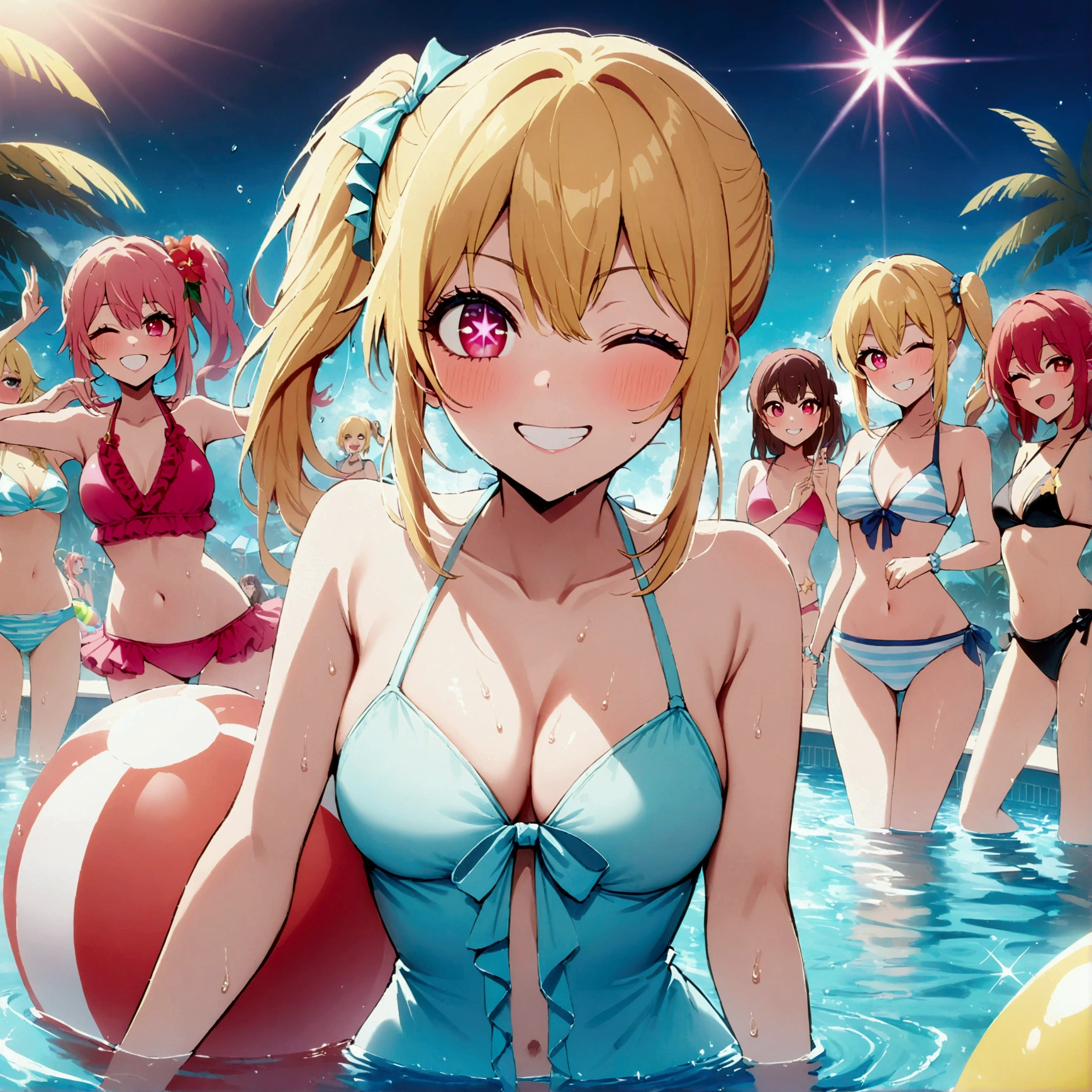 (Pool Party), swimsuit crowd, young people having fun at a pool, hoshinoruby, star-shaped pupils, ruby_hoshino, idol, blonde hair, bangs, pink and red eyes, side ponytail, one eye closed, grin, looking at viewer, best quality, masterpiece, high quality, extremely detailed CG unity 8k wallpaper, delicate background, luminous particles, everyone enjoys partying, multi pose, colorful swim rings and beach balls, water splashing,