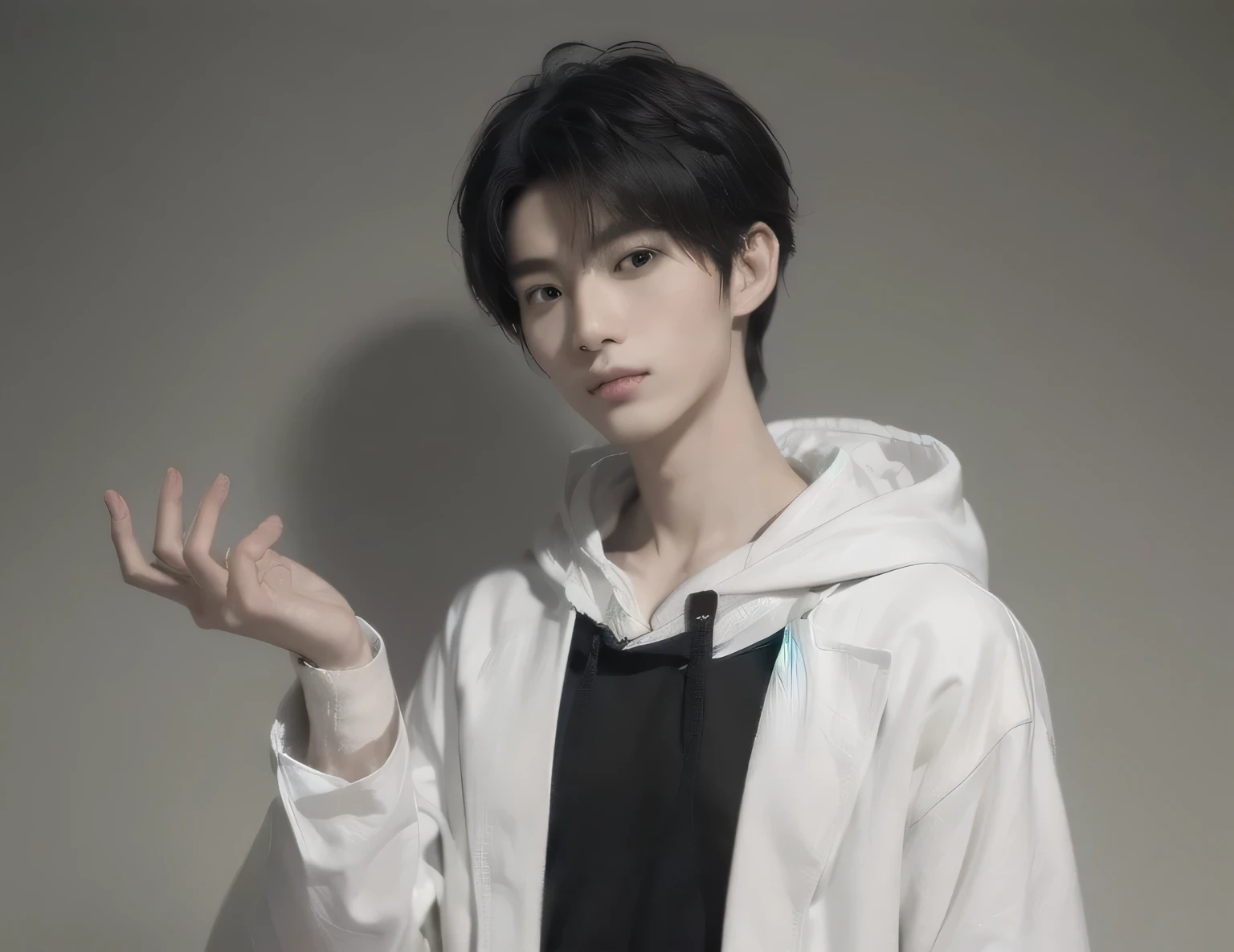young asian man, Japanese idol style, short clean-cut hair, ((center part)), (crisp white lab coat:1.3), ((hand positioned next to face:1.4)),((black hoodie underneath:1.7)), calm confident expression, plain white background, mid-shot portrait, view, high quality, detailed, 8K, (realistic skin texture:1.2), (sharp focus:1.1), (contrast between white coat and black clothing:1.2), (thoughtful pose:1.2),
