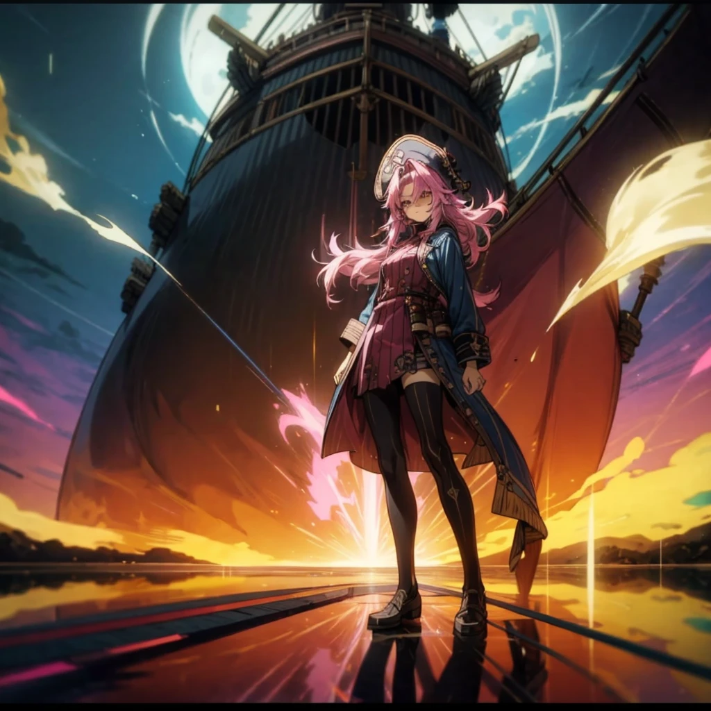 1girl, Full body version, 1character, adult girl version, gold eyes color, long haircut, pink colour hair, queen style clothing, blue colour clothing, pirate hat, sword in hand, Grassroots, background in Pirate Ship, motion blur, (Hunter x Hunter style), standing gesture, (low angle view) , aura effect, lighting aura, smoke effect, lighting sun, sun, plasma effect, 