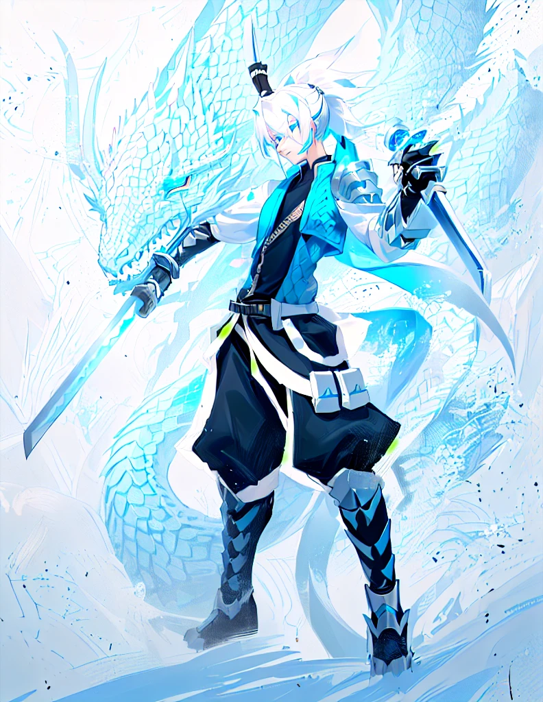 androgynous young human man, katana in right hand, wakizashi in left hand, ninja, long ponytail, dramatic wielding sword pose, anime shading, white hair, glowing blue eyes, pale skin, black ninja trousers,black vest with dragon scales on sides, blue short jacket, metallic accents, dragon scale grieves, dragon scale right vambrace, clawed gauntlet on left hand,