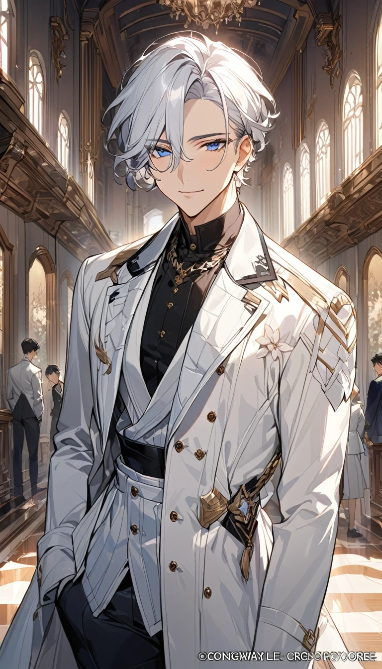 (masterpiece, best quality), Very detailed, best quality, official art, Beautiful and beautiful: 1.2),Beautifully，(1 handsome guy)，copyright，alone，white short hair， (blue eyes), (A gentle yet distant smile)，perfect face，white trench coat，Black shirt，complex clothing design，High target，8K，Beautiful contrast of light and shadow，Face it positively，Nice face，noble，Gorgeous palace，Interior background，((White flowers))，Gorgeous background，(ManhwaStyle:1.5)