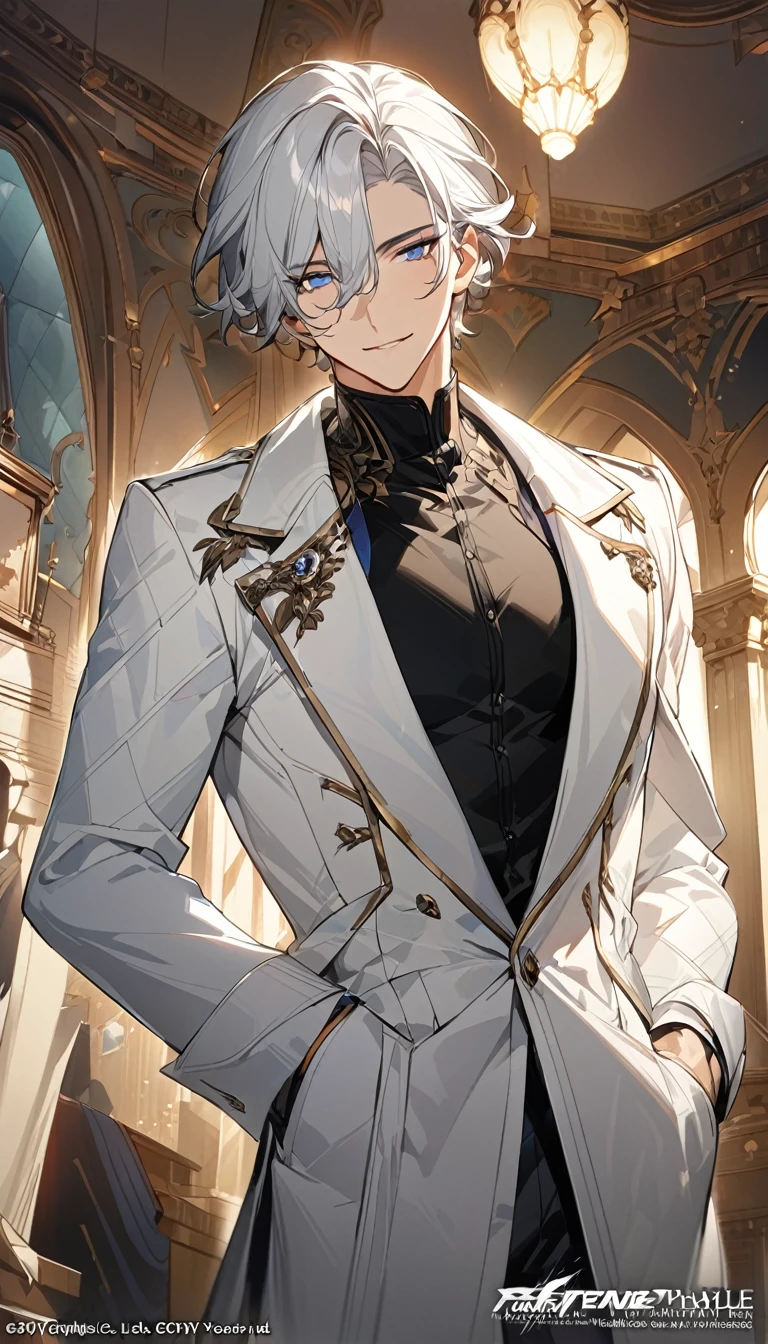 (masterpiece, best quality), Very detailed, best quality, official art, Beautiful and beautiful: 1.2),Beautifully，(1 handsome guy)，copyright，alone，white short hair， (blue eyes), (A gentle yet distant smile)，perfect face，white trench coat，Black shirt，complex clothing design，High target，8K，Beautiful contrast of light and shadow，Face it positively，Nice face，noble，Gorgeous palace，Interior background，((White flowers))，Gorgeous background，(ManhwaStyle:1.5)