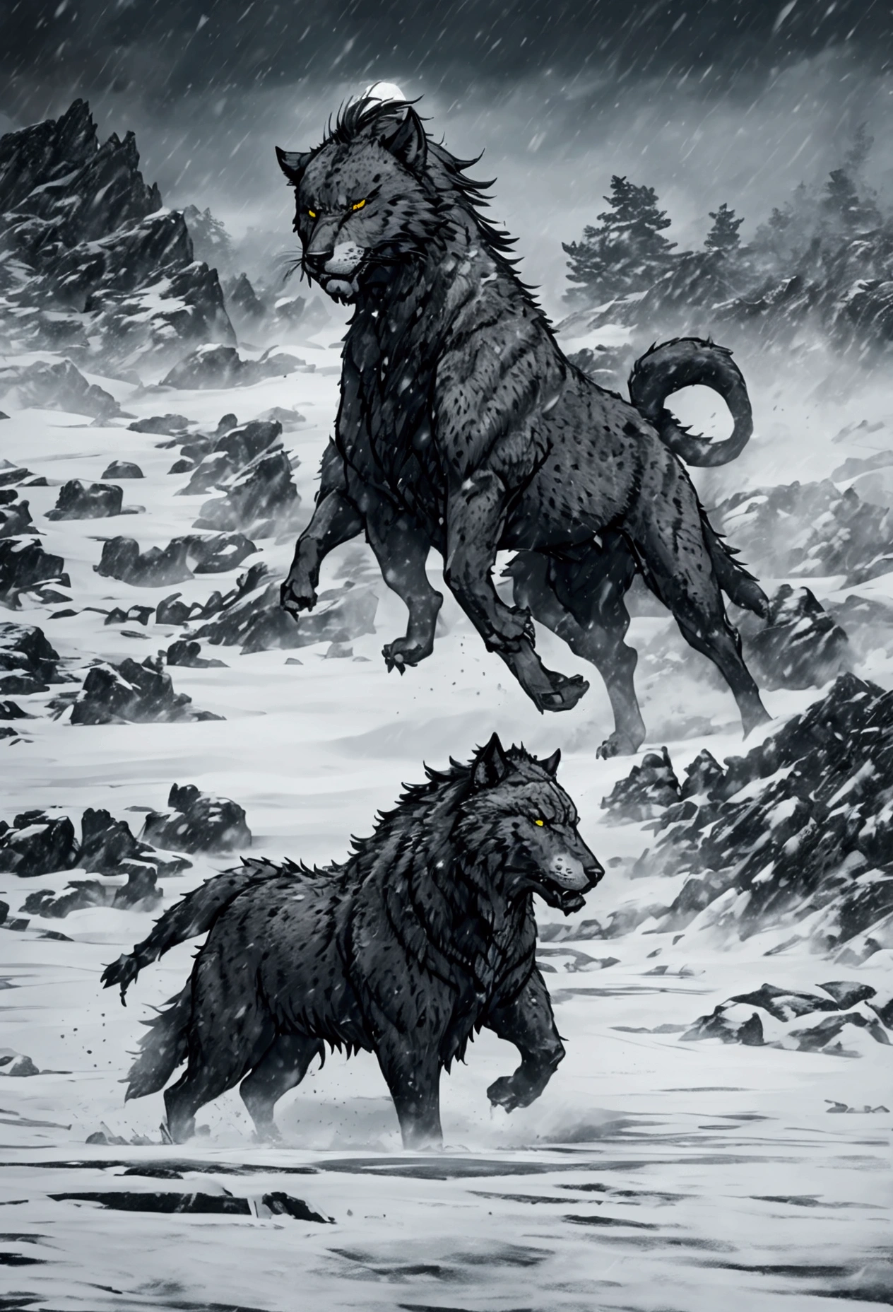 In the middle of a raging snow storm, Emerging from the shadows, Absolutely, masculine, and an immensely thin black panther with saber teeth and a long tail that advances with a rough demeanor.. Every muscle in your body is clearly visible., Sculpted in a way that exudes raw power and dominance, dripping water from the melted ice that once enveloped it. Its huge fangs protrude menacingly from its mouth.., a testament to their predatory prowess. Blood drips from numerous scars that decorate its robust frame.., evidence of a victorious battle with a pack of gray wolves, whose lifeless bodies now lay scattered around them. His eyes are a striking green., glowing brightly as if charged with some primordial energy, passing through the heavy snowfall with its eerie light. His entire presence is both fearsome and inspiring.., a master of his frozen domain. From a side angle in a wide view, you can see his full body., every sinew and contour exaggerated by hardness, snowy backdrop. The snow swirls violently around him., adding to the dramatic scene, while walking with a deliberate, Safe passage, undeterred by bad weather. The relentless snowstorm howls in the background., but the sabertooth is still a focal point, a formidable force of nature, Emerge victorious from chaos