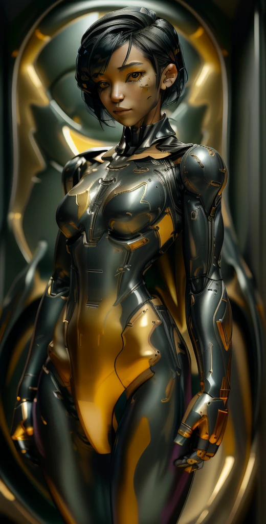 Carmeara, fullbody,anatomical correct, 3d,realistic,silver,copper_color, glowing light,8k resolution, machine aesthetics, intricate detail, hyper-realistic sci-fi, futuristic organic,(high key lighting),shiny bodysuit composed of various translucent mechanical parts, H.R. Giger aesthetic,cyberpunk aesthetic. baroque xenomorph,dust in light,foggy,bokeh,kodak film,kodak portra 400,((Best quality)), ((Masterpiece)), ((Realistic)),anatomically correct,Nikon Z7 II camera, Fujifilm Velvia 50 film, 50mm lens, high saturation, extremely hyper aesthetic intricate detailed, sharp focus, bewitching lighting, trending on artstation, cinematic lighting, unreal engine, octane render, full body shot, HDR, Unreal Engine 5, Octane Render, Cinematic, 32k, Natural Lighting, Ray Tracing Global Illumination, Digitally Enhanced, PhotoReal, Hyperdetailed, VFX, High Fidelity, expressive, dynamic pose, cinematic look, highly detailed, Cinestill 800T, sharp focus, intricate details, insanely detailed, Photorealism, High detail + Sony Alpha α7, sci - go cinematic style, volumetric lighting, zoomed out, action pose, sharp focus, dramatic lighting, centered, post processing, color grading, Redshift Render, ray tracing, epic, magnificent background, serene and enigmatic expression, finely detailed bodysuit,