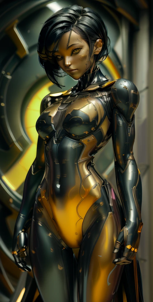 1 girl, solo, (look at viewer), ((Best quality)), ((masterpiece)), (detailed:1.4), ((upper body)), 3D, an image of a beautiful cyberpunk female,HDR (High Dynamic Range), Ray Tracing,NVIDIA RTX,Super-Resolution,Unreal 5,Subsurface scattering,PBR Texturing,Post-processing,Anisotropic Filtering,Depth-of-field,Maximum clarity and sharpness,Multi-layered textures,Albedo and Specular maps,Surface shading,Accurate simulation of light-material interaction,Perfect proportions,Octane Render,Two-tone lighting,Wide aperture,Low ISO,White balance,Rule of thirds,8K RAW, (((yellow eyes))), (((liquid metal black short hair))), CassCain, (dark skin:1.2), yellow eyes, black hair, short hair, medium breasts, batgirl bodysuit, belt, (( gold amor))