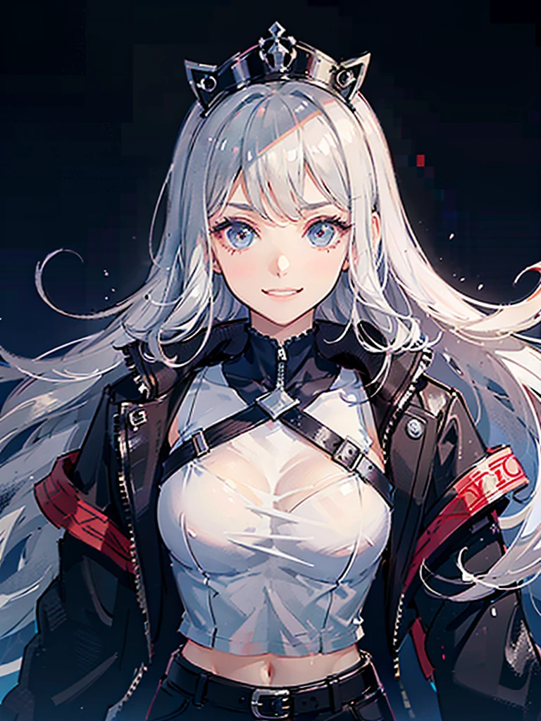 ((Portrait Photo)), She has a Mischievous and Youthful Appearance, with a Slender Build, Pale Skin and a Huge Breasts. She Expresses a Cheerful and Energetic Look, Giving Off a Smug and Lively Attitude. She has Light Gray Eyes, and Her Hair is Long, Silvery-White, and Tousled, with Bare Forehead. She Wears an Oversized, Open Bomber-Style Jacket, with a White Top, Revealing Her Midriff. ((Portrait Photo, HDR, Dark Background))