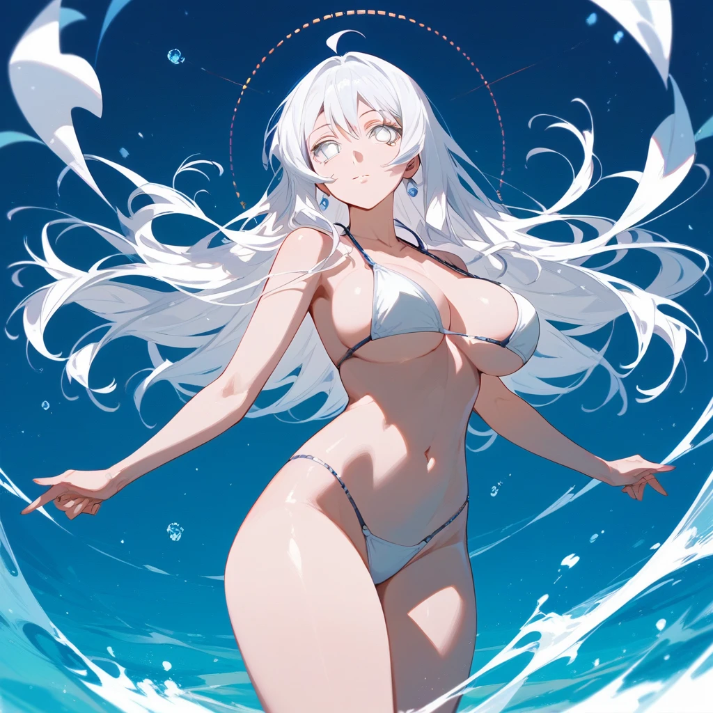 (Fraction_9,Fraction_8_Direction_7_up),1 Girl,beautiful_Face,White eyes，Hyuga Hinata，White hair，Big breasts，whole body，Bare thighs，String bikini，Standing posture