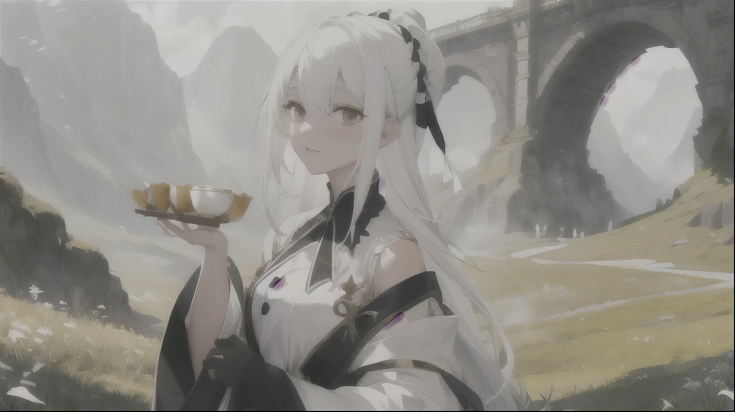 beautiful girl　White Hair　Fantasy　grassland　Black tea　magic