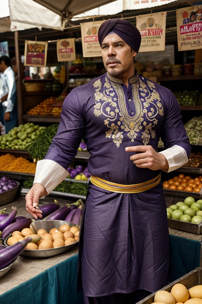 Thanos, the mighty Titan, selling eggplants in a lively Indian market. He's dressed in vibrant traditional Indian attire—kurta, dhoti, and a turban. His imposing figure stands behind a stall brimming with fresh eggplants, surrounded by the rich scents and sounds of the bustling market. Describe the scene, focusing on the contrast between Thanos' presence and his new role. How do locals react, and what humorous or surprising interactions occur?
