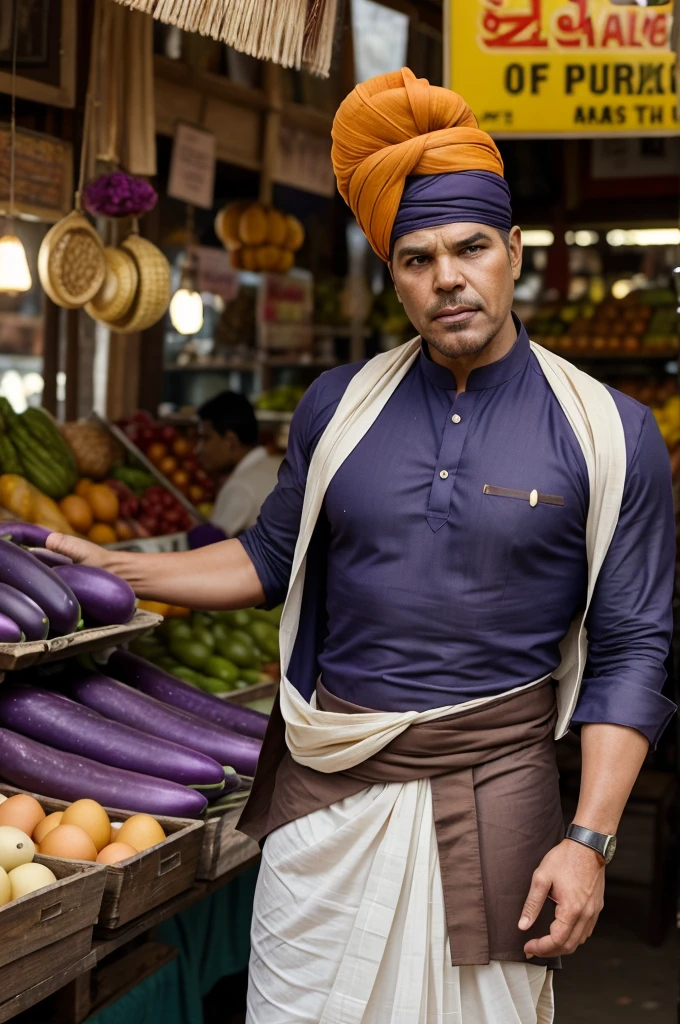 Thanos, the mighty Titan, selling eggplants in a lively Indian market. He's dressed in vibrant traditional Indian attire—kurta, dhoti, and a turban. His imposing figure stands behind a stall brimming with fresh eggplants, surrounded by the rich scents and sounds of the bustling market. Describe the scene, focusing on the contrast between Thanos' presence and his new role. How do locals react, and what humorous or surprising interactions occur?
