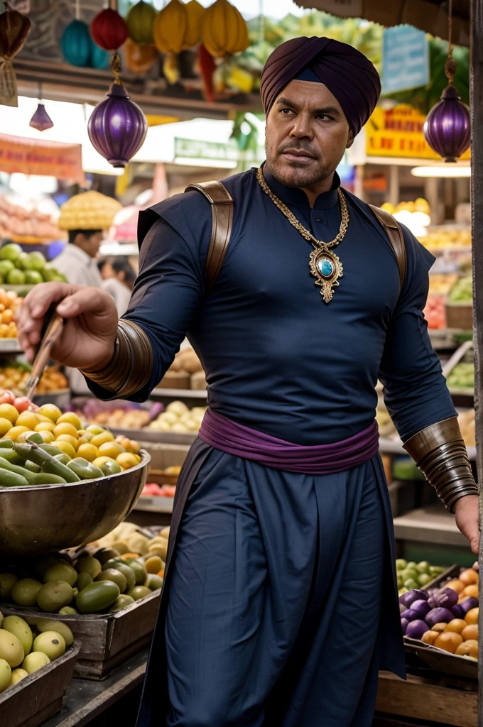 Thanos, the mighty Titan, selling eggplants in a lively Indian market. He's dressed in vibrant traditional Indian attire—kurta, dhoti, and a turban. His imposing figure stands behind a stall brimming with fresh eggplants, surrounded by the rich scents and sounds of the bustling market. Describe the scene, focusing on the contrast between Thanos' presence and his new role. How do locals react, and what humorous or surprising interactions occur?