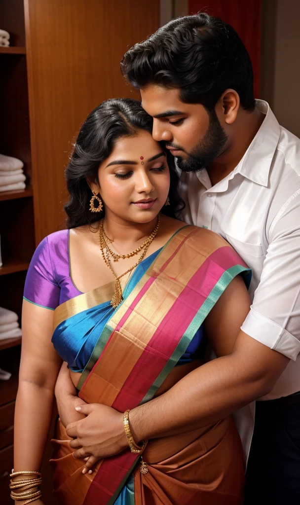 a 20-year-old shirtless man affectionately hugging and kissing aradiant, full-figured South Indian plus-sized 30 year old teacher wearing a blue silky saree in dressing room, captured in a full-body image with vibrant hues and meticulous details. Full body image