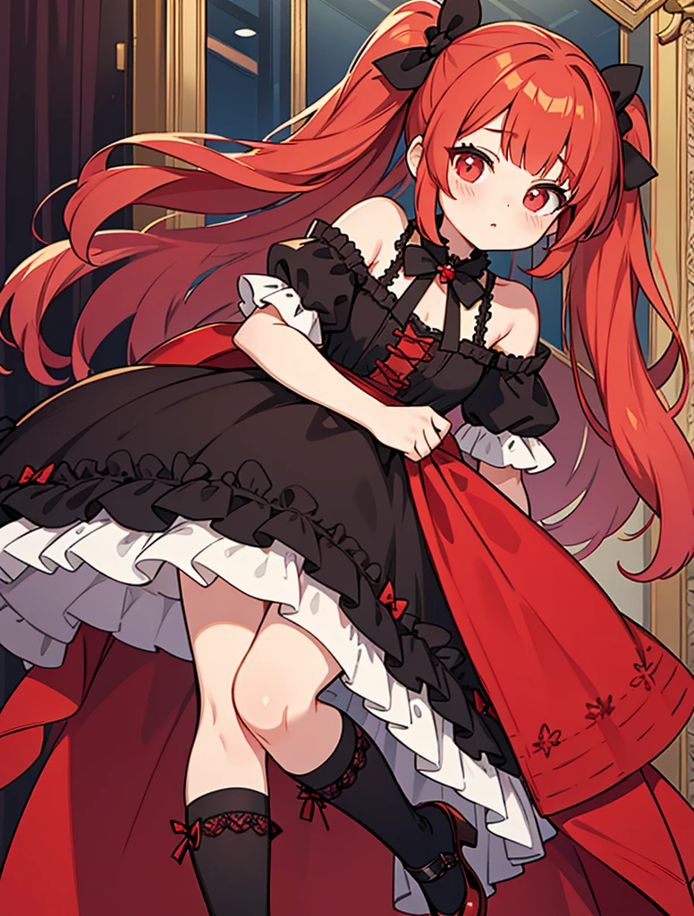 A fluffy pigtailed hair style with strawberry red hair with bangs that frames her delicate face. Her eyes are vibrant red and gold. {{{Eyes gold and red}}}
Costume: She opts for a Gothic Lolita dress in shades of black, white, and red, with intricate lace and satin ribbons. Her dress features a corseted bodice and a full, layered skirt. She wears black knee-high stockings, and black Mary Jane shoes adorned with black bows.