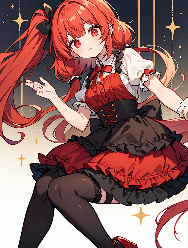 A fluffy pigtailed hair style with strawberry red hair with bangs that frames her delicate face. Her eyes are vibrant red and gold. {{{Eyes gold and red}}}
Costume: She opts for a Gothic Lolita dress in shades of black, white, and red, with intricate lace and satin ribbons. Her dress features a corseted bodice and a full, layered skirt. She wears black knee-high stockings, and black Mary Jane shoes adorned with black bows.