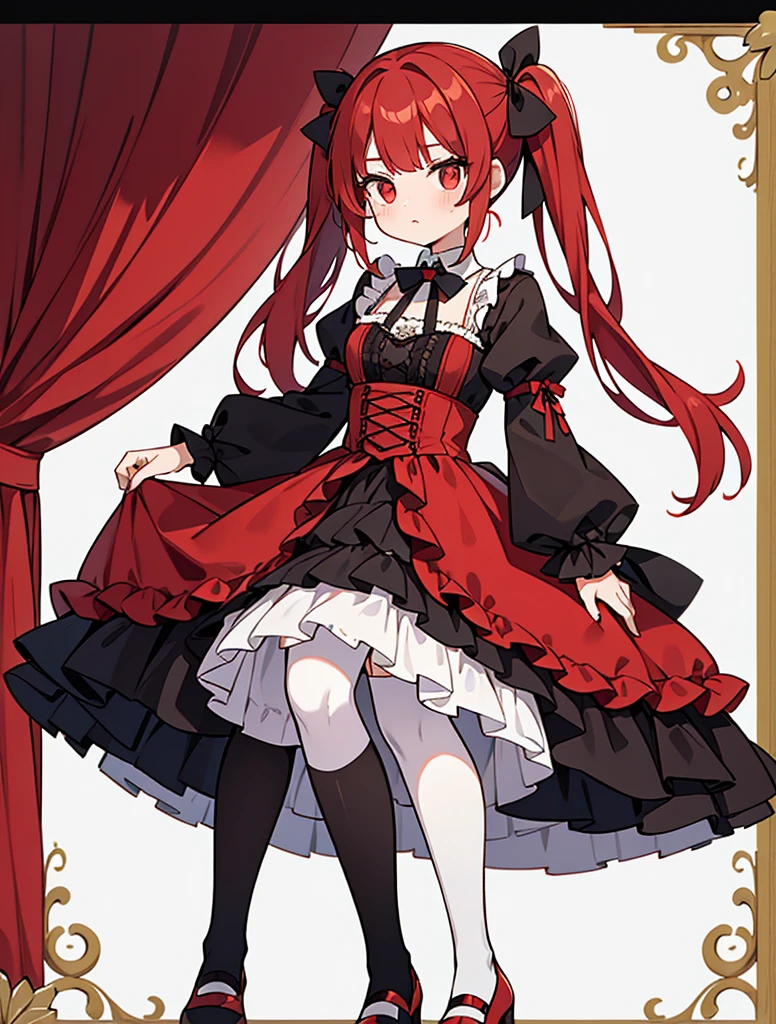 A fluffy pigtailed hair style with strawberry red hair with bangs that frames her delicate face. Her eyes are vibrant red and gold. {{{Eyes gold and red}}}
Costume: She opts for a Gothic Lolita dress in shades of black, white, and red, with intricate lace and satin ribbons. Her dress features a corseted bodice and a full, layered skirt. She wears black knee-high stockings, and black Mary Jane shoes adorned with black bows.