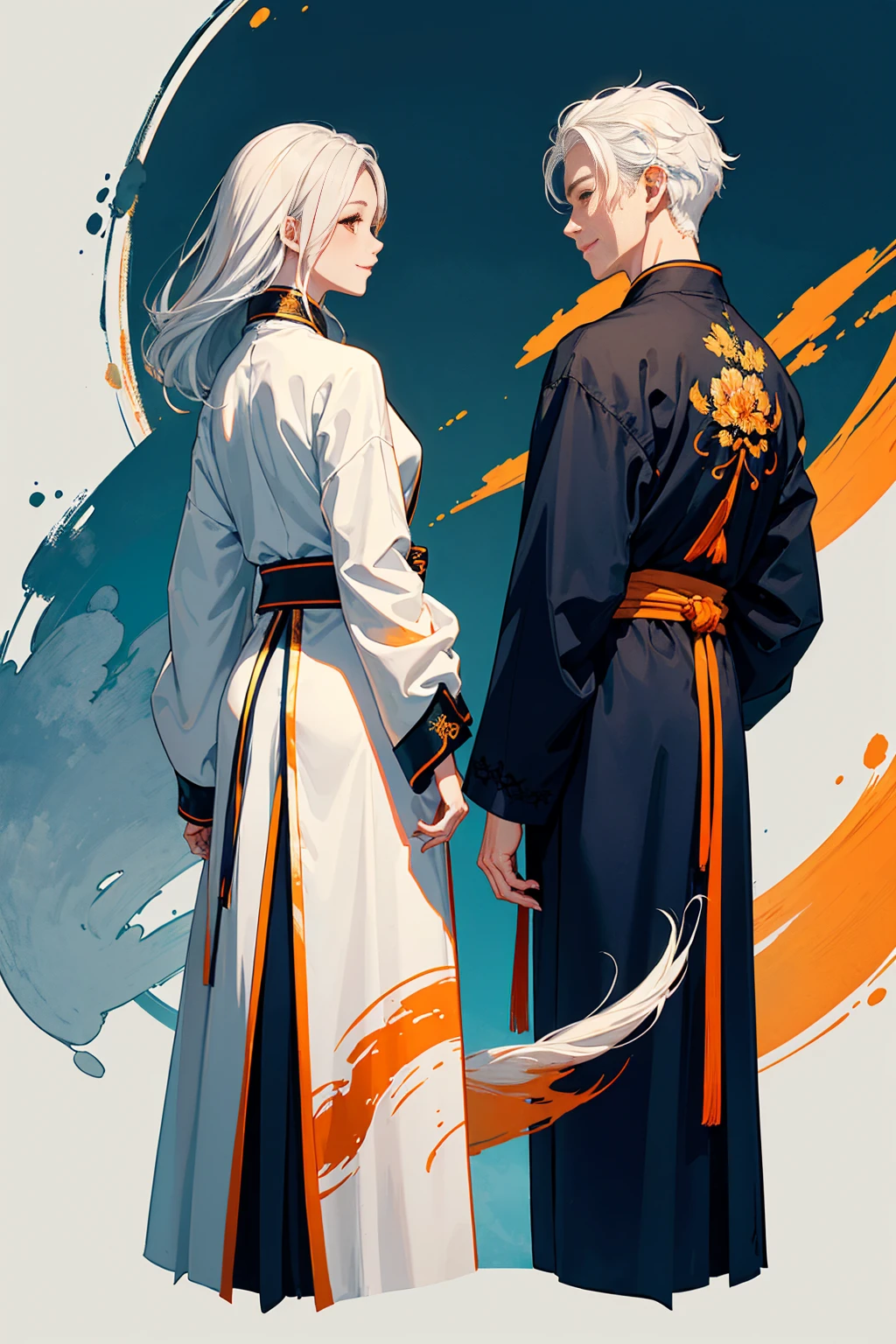 high quality , one white hair girl and one white hair boy, long hair, wuxia character, ((white clothes with blue and orange accent)), ink painting background, flat background, minimalist background, chinese wind pattern background, smiling, standing back to back