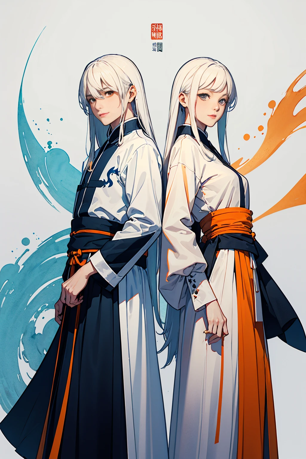high quality , one white hair girl and one white hair boy, long hair, wuxia character, ((white clothes with blue and orange accent)), ink painting background, flat background, minimalist background, chinese wind pattern background, smiling, standing back to back