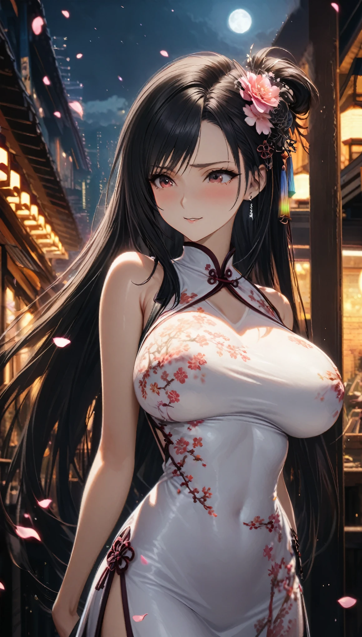 Highest quality, Super quality, 16K, Incredibly absurd, Very detailed, delicate and dynamic, SFW, Natural light, Fine particles reflect rainbow colors, Diffuse reflection of light, Vortex of Light, Many cherry blossom petals fall, Hong Kong bay, Night view, moon, Create amazing image effects, , (, cute sexy girl, big busts, Sensual expression, peacefulness, Elegant, Charm, lure, , hair ornaments, black long hair, Chinese traditional long silk dress, Tifa Lockhart Final Fantasy VII)