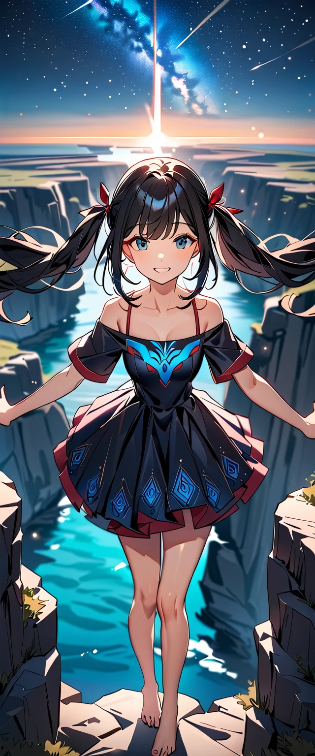 Photo of a high school girl with natural skin, Upper Body, With arms outstretched, Looking at the camera, Smiling, with twin tails and black hair with red mesh, Sharp eyes with blue eyeshadow, A thin, upturned nose, Well-shaped lips, Off-the-shoulder dress, Decorated clothing, barefoot, Makeup, Exquisitely crafted with the utmost attention to detail, Vibrant, amazing, Smooth, Cinematic, 4K, Backlight, ((Atop a cliff with a beautiful starry sky, Cliff)), Shallow depth of field, Detailed eyes, Detailed lips, masterpiece, Super detailed images
