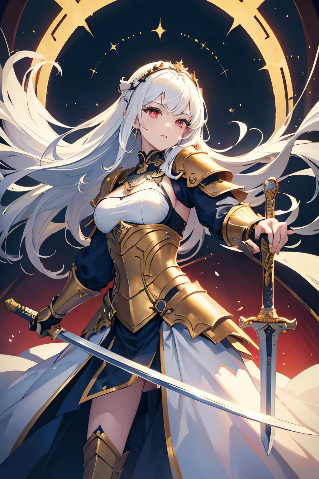 (masterpiece:1.4), (best quality:1.4), extremely detailed, intricate, hyper detailed, (PERFECT FACE), illustration,soft lighting, scenic, 1girl, happy, bright white hair, colorful, colorized, from_below ,fish_costume , stadium in bright red eyes, emperor, warrior, Confident in yourself, holding a sword,holding a long sword, breasts,Brave demeanor,Aggressive,surrounded by swords,deityput on armor,king