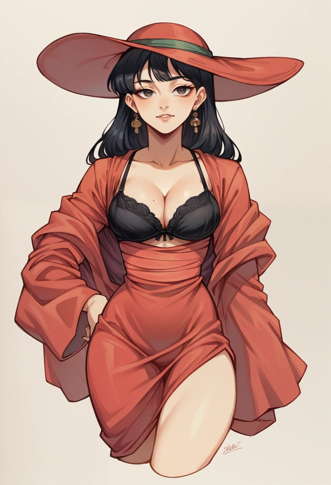 score_9, score_8_up, score_7_up, score_6_up, score_5_up, score_4_up, BREAK 1girl, Mexican female, red dress, cleavage, black bra, red hat, Mexican aesthetic clothing, traditional artesanía background.