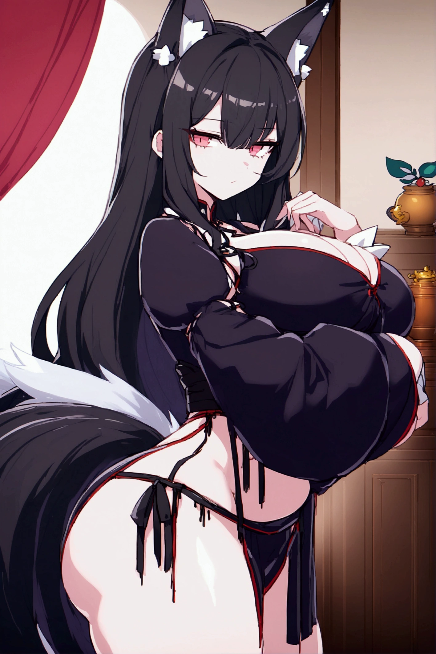 Long hair, black hair, black tail fox, massive booba