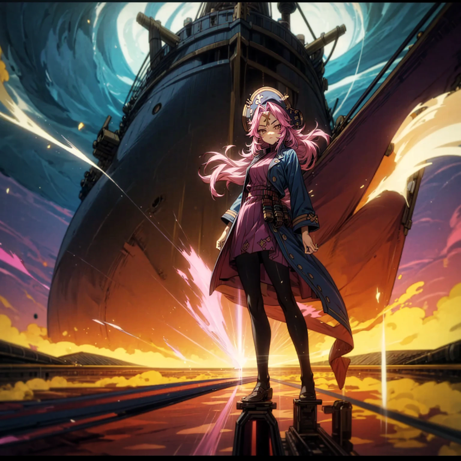 1girl, Full body version, 1character, adult girl version, gold eyes color, long haircut, pink colour hair, queen style clothing, blue colour clothing, pirate hat, sword in hand, Grassroots, background in Pirate Ship, motion blur, (Hunter x Hunter style), standing gesture, (low angle view) , aura effect, lighting aura, smoke effect, lighting sun, sun, plasma effect, 