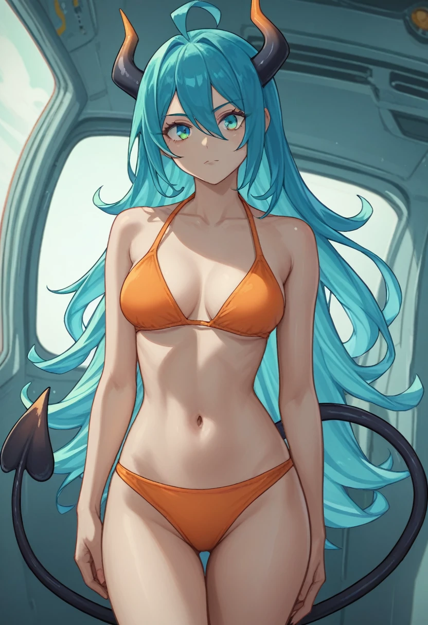 score_9, score_8_up, score_7_up,1 daemon woman, black horns, black demon tail, (aquamarine hair),aquamarine green color hair,ahoge, long hair, (long hair),bangs, light orange bikini, bikini is orange, bikini orange, orange bikini!, (aquamarine eyes), background is spaceship, aquamarine eyes, 1woman ,facing viewer, daemon girl, close up,Well-endowed, alone, Spacecraft interior, sexy pose