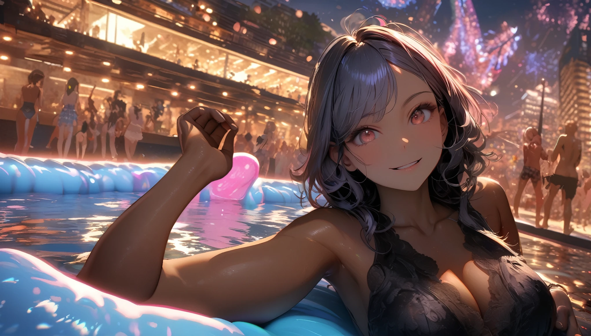 quality\(8k,wallpaper of extremely detailed CG unit, ​masterpiece,hight resolution,top-quality,top-quality real texture skin,hyper realisitic,increase the resolution,RAW photos,best qualtiy,highly detailed,the wallpaper,cinematic lighting,ray trace,golden ratio\), BREAK ,pool\(huge,foam pool, pool party, float mat\), multicolored laser beams, DJ, 6+girls\(sexy swimsuit, breasts, tan, beautiful, cute, big eyes, smiling, Parisian, cocktail, flashy\), dynamic pose, dynamic Angle,at midnight, loud sound, vibes