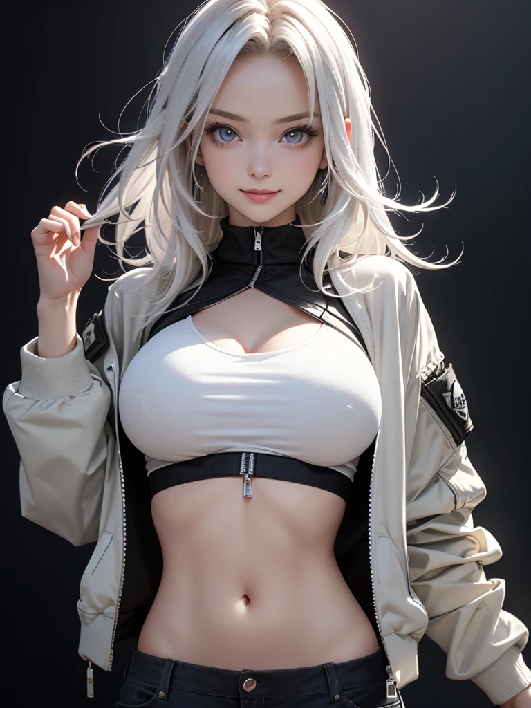 ((Portrait Photo)), She has a Mischievous and Youthful Appearance, with a Slender Build, Pale Skin and a Huge Breasts. She Expresses a Cheerful and Energetic Look, Giving Off a Smug and Lively Attitude. She has Light Gray Eyes, and Her Hair is Long, Silvery-White, and Tousled, with Bare Forehead. She Wears an Oversized, Open Bomber-Style Jacket, with a White Top, Revealing Her Midriff. ((Portrait Photo, HDR, Dark Background))