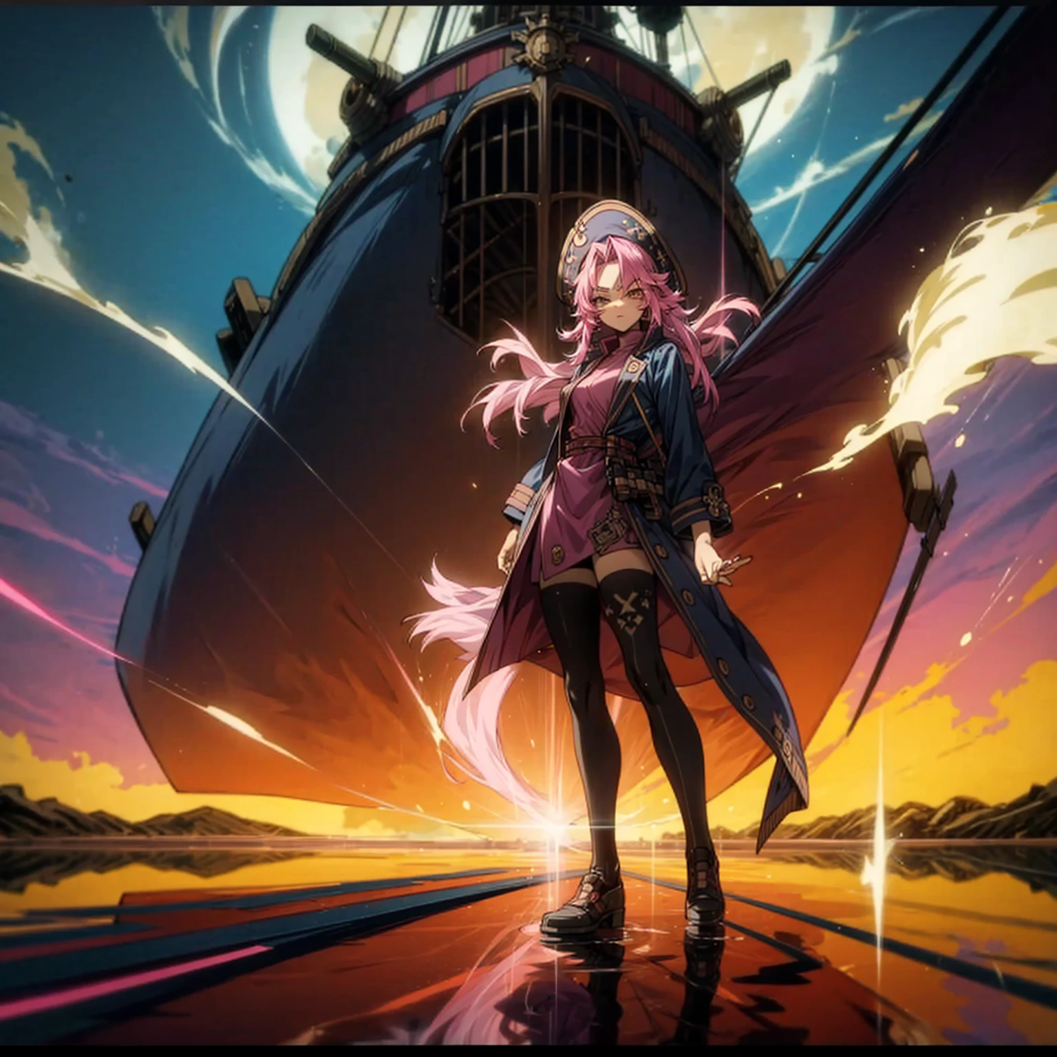 1girl, Full body version, 1character, adult girl version, gold eyes color, long haircut, pink colour hair, queen style clothing, blue colour clothing, pirate hat, sword in hand, Grassroots, background in Pirate Ship, motion blur, (Hunter x Hunter style), standing gesture, (low angle view) , aura effect, lighting aura, smoke effect, lighting sun, sun, plasma effect, 