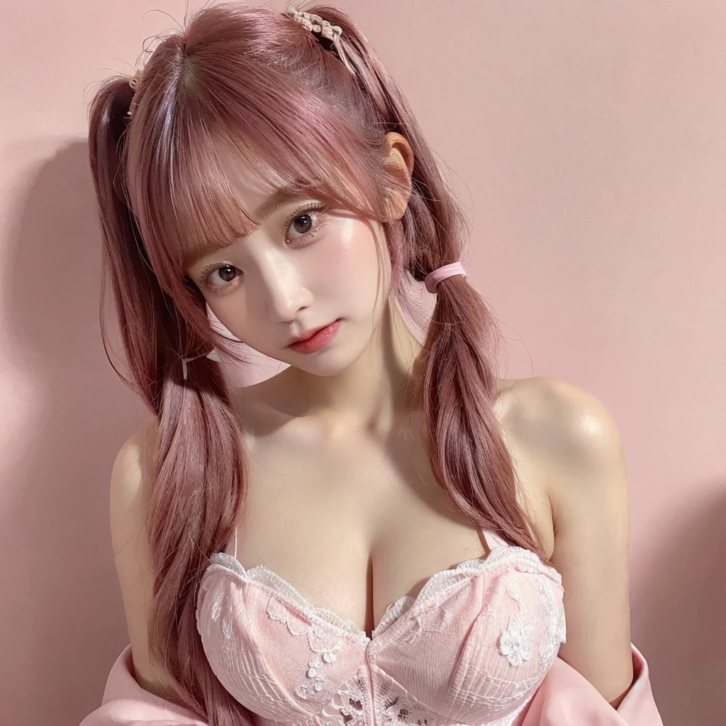 Shot with a top-of-the-line camera. highest quality, illustration, ultra-detailed, intricately detailed, high resolution, 8k, Slim and well-proportioned, , pink hair in twin tails, very large breasts, fair skin. She is wearing a Japanese idol costume, She is in a magazine photoshoot studio. The background is a pink wall. cleavage between breasts