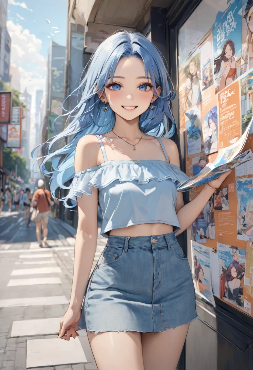 (Read the flyer style), (hand holding flyer, looking to it)(solo:2,  yo, forehead blue hair long hair lovely girl, cute blue eyes, happy smile), (in a casual summer Off-the-shoulder tank top, skirt), break, in the city Bulletin Board, BREAK, perfect anatomy, masterpiece, best quality, 16k, beautiful detailed love, sexy, daydreaming expression.