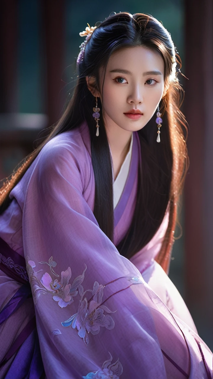 detailed portrait of a beautiful young woman, solo, traditional chinese style, cinematic lighting, vibrant purple colors, elegant and refined, intricate details, delicate facial features, piercing gaze, long flowing hair, traditional chinese dress, serene and contemplative expression, natural setting, soft lighting, high quality, photorealistic
