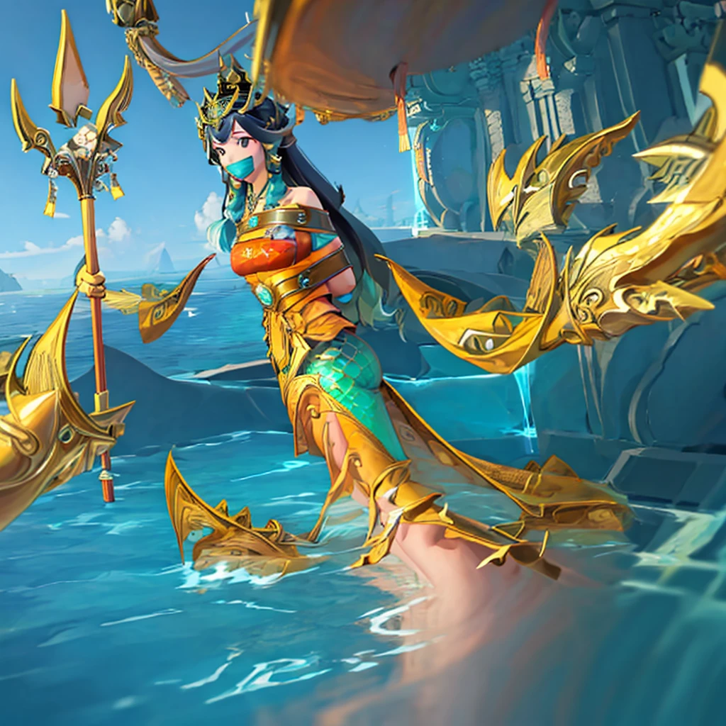 (masterpiece, best quality:1.2), 1girl, solo , emel , black hair,a female character dressed in attire inspired by sea motifs and mythology. She wears a gold crown with horn-like decorations and has long flowing hair with a bluish tint. Her dress is predominantly green and gold, with the lower part resembling fish scales, giving the impression of a mermaid or sea goddess. On her shoulders are ornaments shaped like dragon or sea creature heads. The character also holds a staff adorned with sea elements, completing her grand and mystical appearance,Master piece, (best quality), perfect eyes, bound, bondage, (arms behind back:1.4), bdsm, tape gag, tape, tape bondage, close-up, restrained, standing ,best anatomy, , 