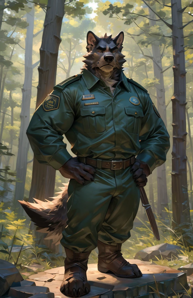 By Taran Fiddler, one man, anthro canine (irish wolfhound), brown fur, dilf, wrinkly face, bushy eyebrows, wearing park ranger uniform, hands to his hips, stern facial expression, grumpy, standing infront of  watchtower, wooded forest background