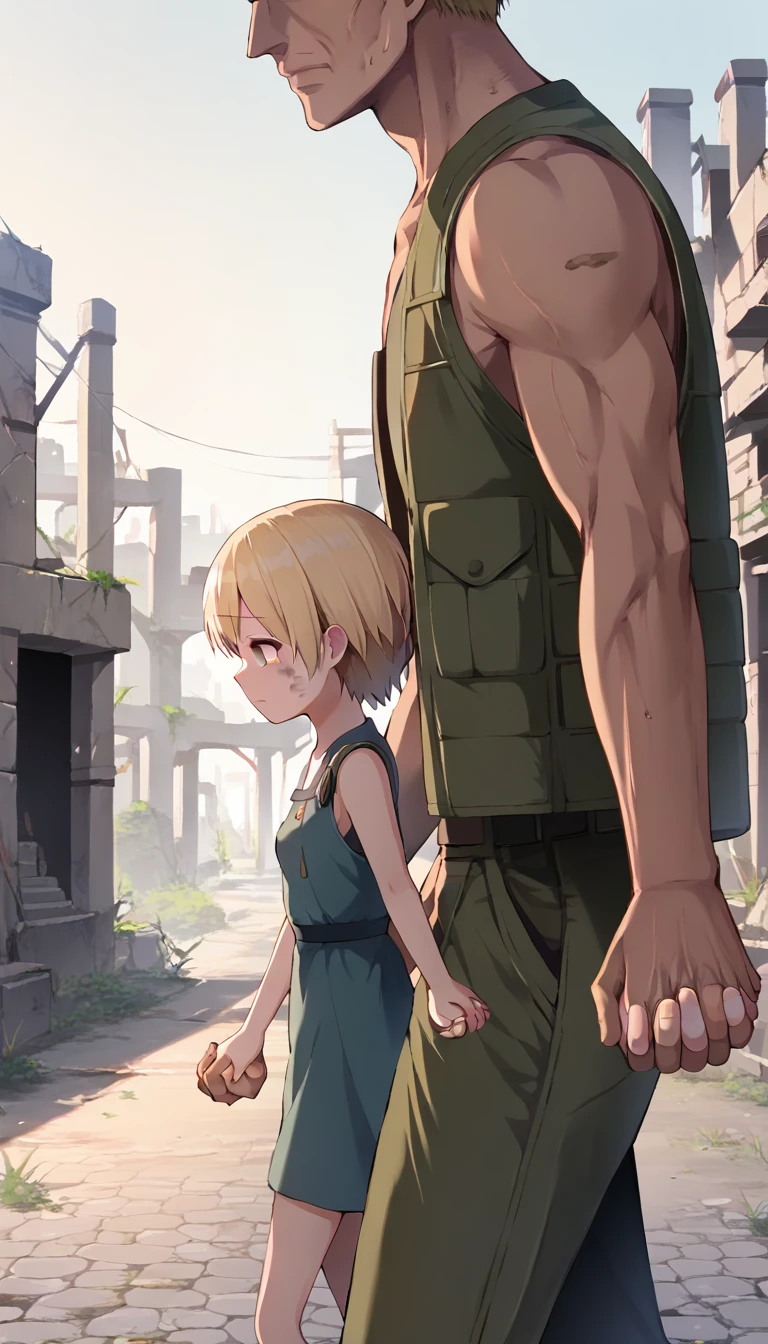 score_9, score_8_up, score_7_up, source_anime BREAK 
1girl, , _young, from side, small breasts, (girl dirty casual dress), holding hands, hand in another's hand, blonde short hair, grey eyes, sad face, town ruins, outdoors, walking, ((size difference:1.5)), faceless male, male face out of frame, (male cargo vest, pants)