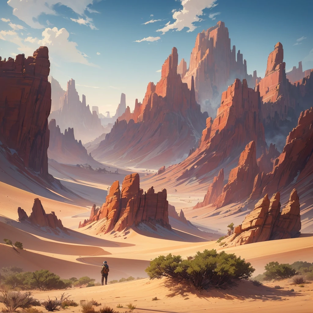((((No humans))))、Yellow sand in the sky，The background is a vast desert, Desert Oasis，Rich colors，デジタルLandscape painting, Detailed Landscape — Width 672, Landscape painting, Environmental Design Illustration, Landscape painting 詳細, Desert Oasis landscape, Concept Art, Highly detailed digital art in 4K, 4K Digital Painting, 4K Digital Painting, Amazing digital illustrations, Desert Background, デジタルペインティングConcept Art, Detailed digital painting, Inspired by Christophe Vaché、From below、(From the back、Back view、back view)