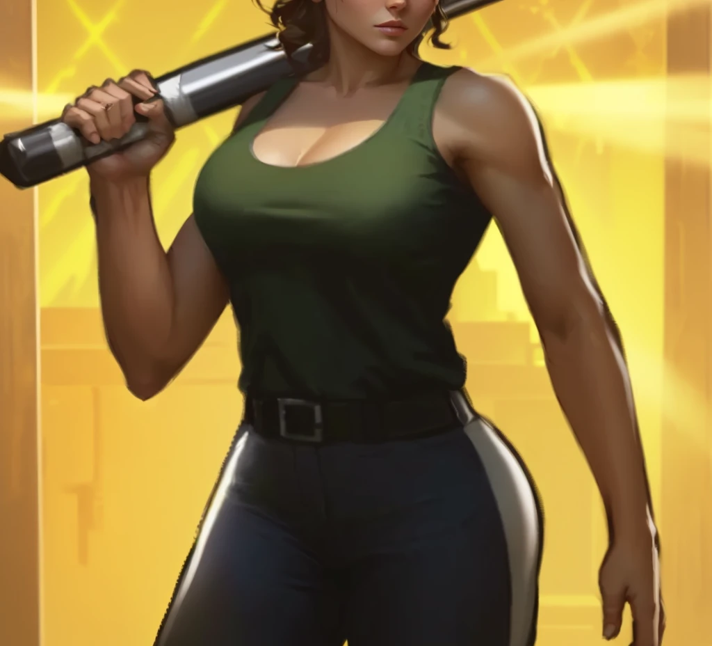 a close up of a woman holding a baseball bat in a room, female spy, heavy looking, muscular sweat lara croft, portrait of modern darna, female lead character, natalie from epic battle fantasy, casually dressed, thicc build, style of the game rimworld, character profile art, holding shotgun, holding a weapon, female doc savage, character art closeup