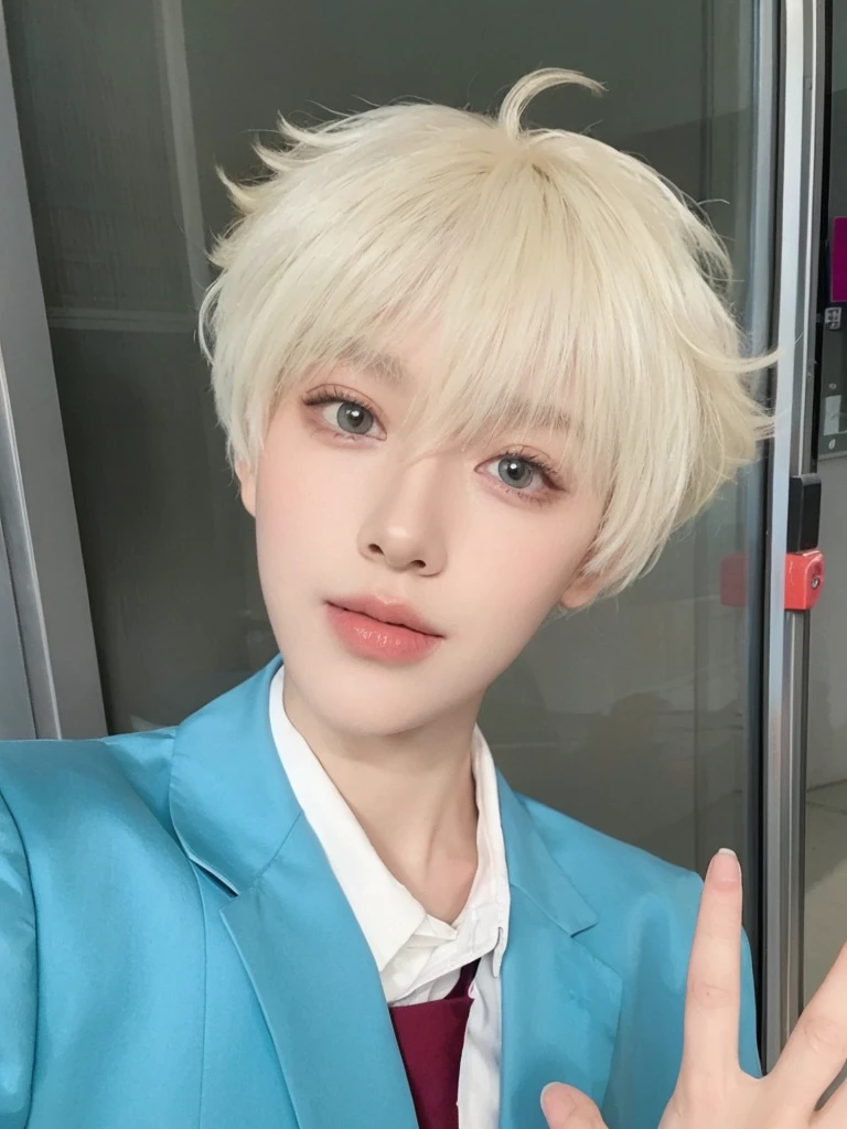 Short platinum hair,Male hair,Natural hair looks handsome,Background glass door