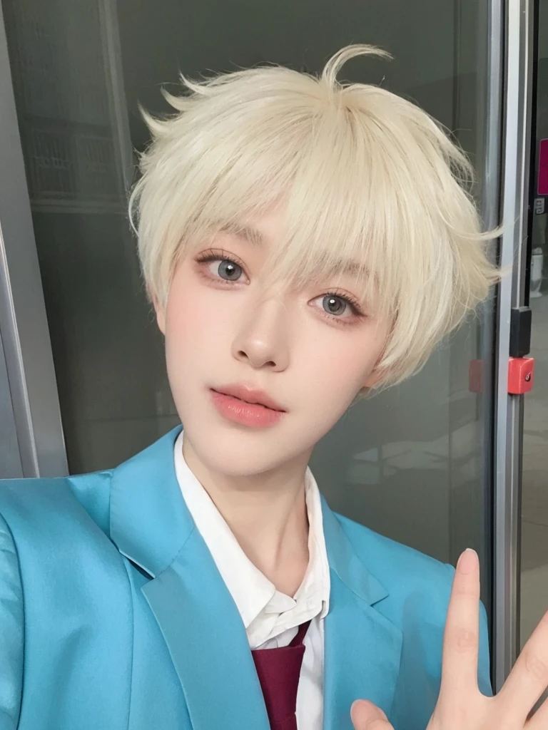 Short platinum hair,Male hair,Natural hair looks handsome,Background glass door