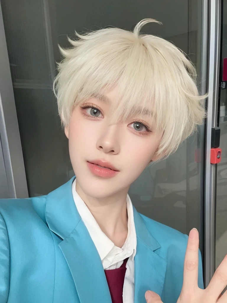 Short platinum hair,Male hair,Natural hair looks handsome,Background glass door