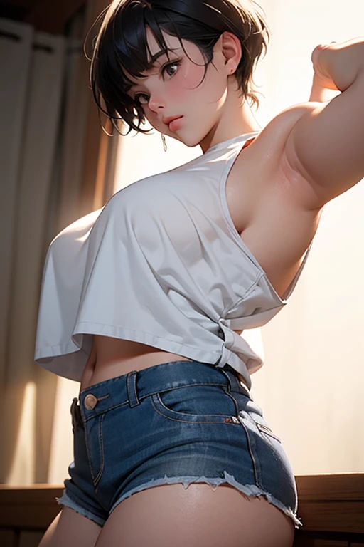 thick thighs, short bowl cut, high school student, micro shorts, armpits, sideboob, large breasts, strong back light, soft atmospheric light, soft fill light, wide aperture lens, frustrated, f/1.8, bokeh, from below, from side, anatomically correct, Wide-Angle