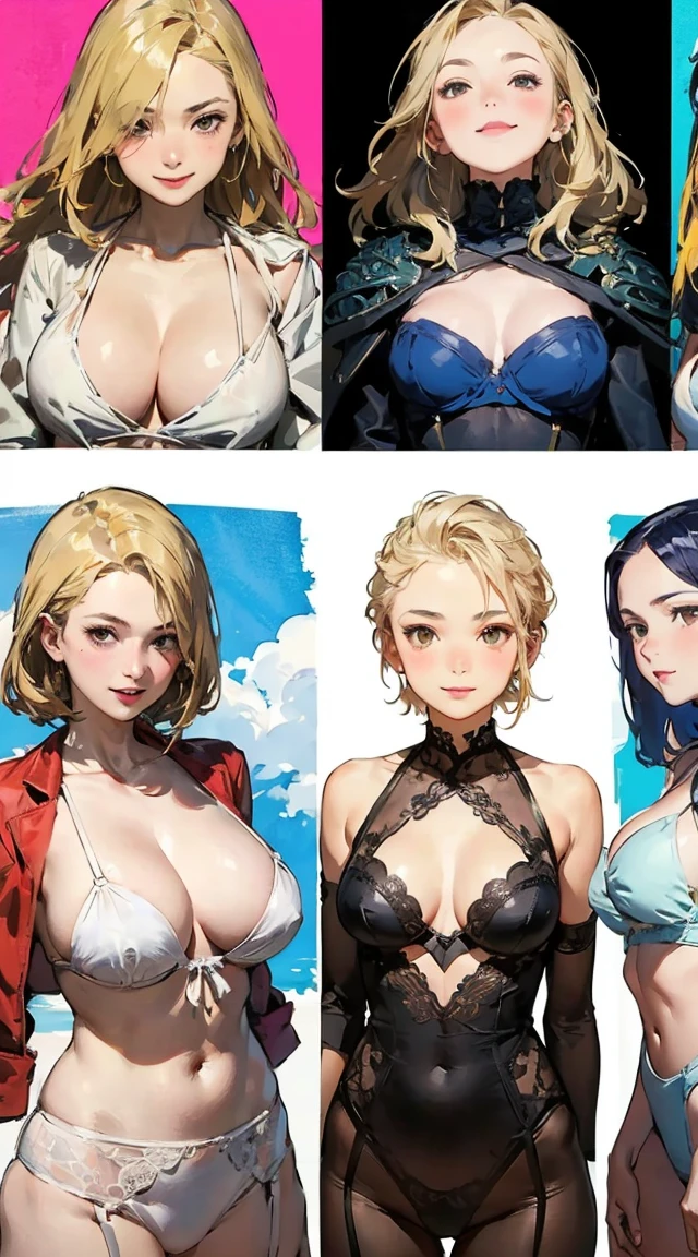 1girl, solo, maria tachibana, blonde hair, hair over one eye, short hair, green eyes, large breast, sexy bra, cowboy shot(masterpiece), maximum quality, (intricate high detailed body:1.5), (4 girls, group shot:1.4), (slim body:1.1), (huge tits:1.5), (dark skin:1.1), (muscles:1.1), blonde hair, silver hair, twin tails, braid, forehead, (open mouth, happy smile:1.1), (wink:1.2), (jewelry, knight armor, intricate leotard with sleeves, bikini armor, see through clothing:1.2), garter belt, body suits, retrospective, rear view, back focus, medieval tavern masterpiece, highest quality, divine qualities, godlike art, highly detailed face, very realistic, cute, Ai Amano,1 girl,alone,short hair,blonde hair,smile,closed mouth,brown eyes,Yellow short kimono, white pantyhose, white capelet, pink obi, pink ribbon,simple background,Upper body,Imaginary space background,　(superflat, flat shading, flat colors), (closeup), 3girls, 14yo, teen, rock band, (white panties), no skirt, , play electric guitars, in a garage, sing, having fun, bright, wide angle, vibrant colors, watercolor, ghibli style  Portrait of a European girl,Single,20 years,Beautiful Face,Object of Obser,hair over one eye,Medium side cut, Blonde hair, Intense focus,Black business suit
