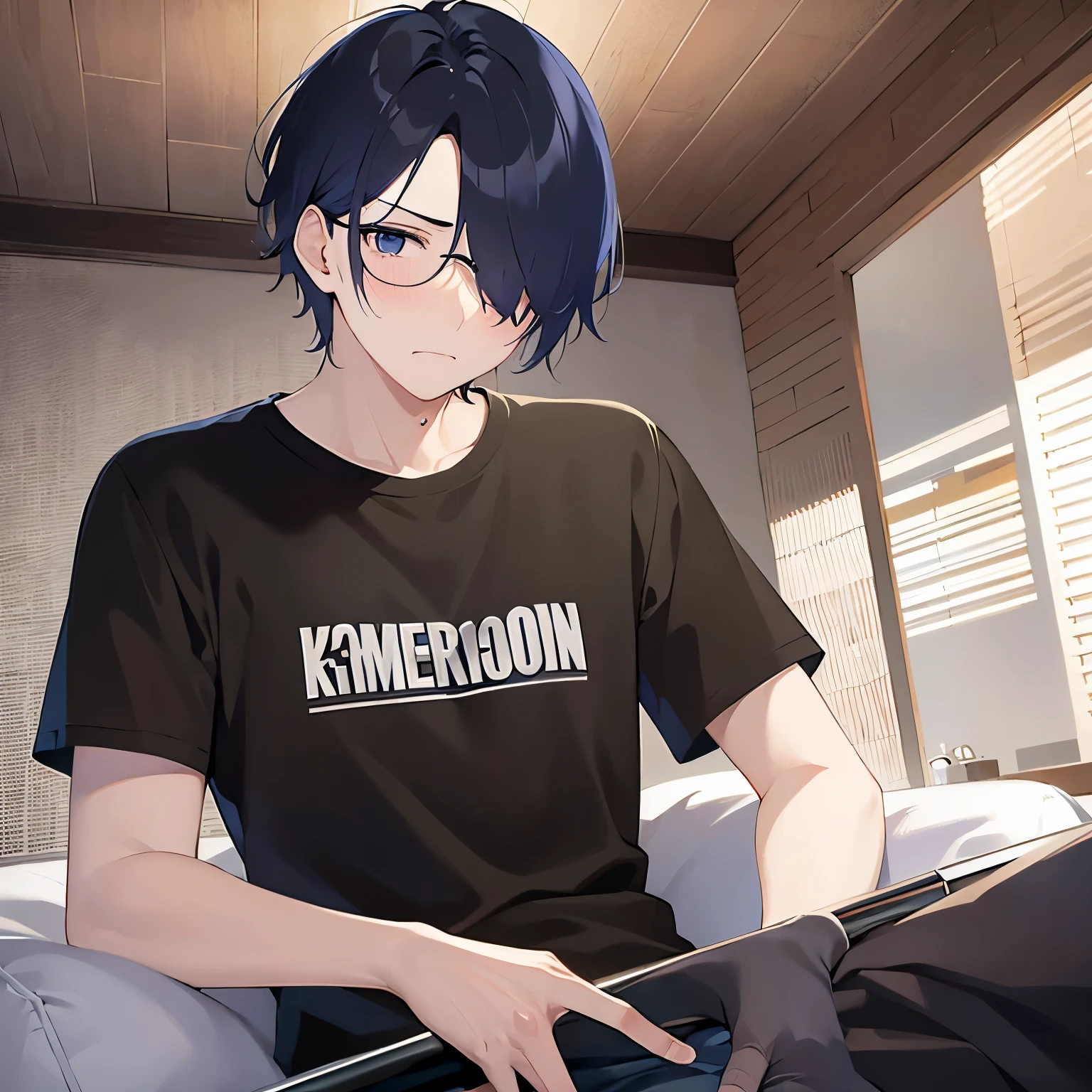 Shooting from below、plastic frame eyewear、upper body、shiny skin, masterpiece、Highest quality、(25-year-old male:1.5) and (Black short hair) and (blue eyes), Hair over one eye, (Black T-shirt)、(sad:1.5), (blush:1.3), The background is the living room、(Alone:1.5)、Are standing
