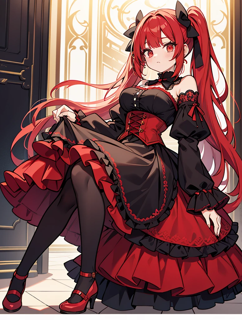 A fluffy pigtailed hair style with strawberry red hair with bangs that frames her delicate face. Her eyes are vibrant red and gold. {{{Eyes gold and red}}}
Costume: She opts for a Gothic Lolita dress in shades of black, white, and red, with intricate lace and satin ribbons. Her dress features a corseted bodice and a full, layered skirt. She wears black knee-high stockings, and black Mary Jane shoes adorned with black bows. Big breast
