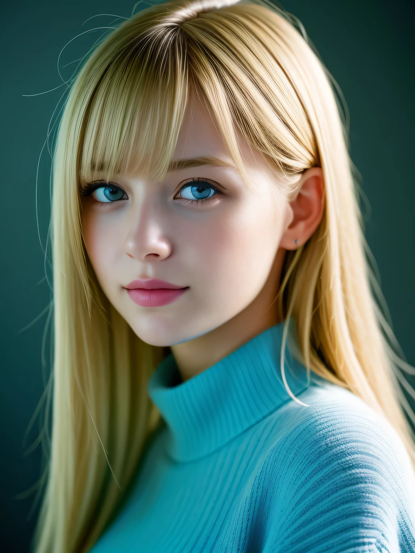 (Photo Real:1.4), (hyper realisitic:1.4), (Smooth lighting:1.05), 1 girl, teenager, blue eyes, happy, shy, smile, (looking away:1.2), Close-up of the face, Soft lighting, Back lighting, (Finest Real Textured Skins), Super fine face, glowy skin, retinas, Anatomically correct, (Blonde medium hair:1.1), bangs, Textured skin, High quality, high details, Best Quality, High resolution, sweater