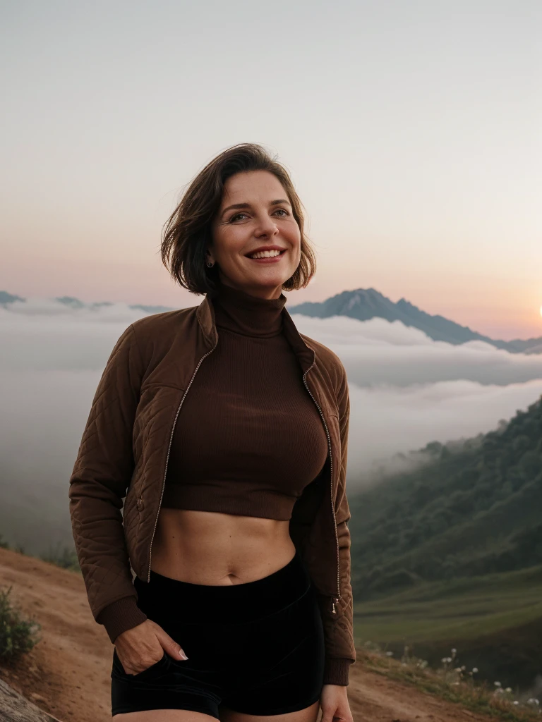 1 girl, photorealistic, realistic, her name is Elise, middle age, a 45-year-old woman with gray hair, body of 45-year-old woman, wrinkles on her face and body, Alpine woman, ((dark brown hair, short hair))), smiling,(((dynamic pose))), nudity, (((The quiet mountains are shrouded in a sea of mist.,Stunning sunrise casting warm hues,Beautiful flowers bloomed in front of us.,The atmosphere is dreamy and peaceful.,Beautiful landscape of Thailand,Harmony between nature and humanity))), (((she choose a cropped corduroy jacket is tailored with a slightly boxy silhouette, featuring a plush texture and a rich color like brown. Its cropped length accentuates the waistline and adds structure to the ensemble. There is no top beneath the jacket, she paired it with color black high-waisted cycling shorts in a sleek, stretchy fabric that conforms to her figure))), (((but out)))
