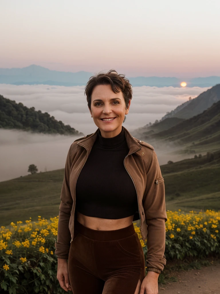 1 girl, photorealistic, realistic, her name is Elise, middle age, a 45-year-old woman with gray hair, body of 45-year-old woman, wrinkles on her face and body, Alpine woman, ((dark brown hair, short hair))), smiling,(((dynamic pose))), nudity, (((The quiet mountains are shrouded in a sea of mist.,Stunning sunrise casting warm hues,Beautiful flowers bloomed in front of us.,The atmosphere is dreamy and peaceful.,Beautiful landscape of Thailand,Harmony between nature and humanity))), (((she choose a cropped corduroy jacket is tailored with a slightly boxy silhouette, featuring a plush texture and a rich color like brown. Its cropped length accentuates the waistline and adds structure to the ensemble. There is no top beneath the jacket, she paired it with color black high-waisted cycling shorts in a sleek, stretchy fabric that conforms to her figure))), (((but out)))