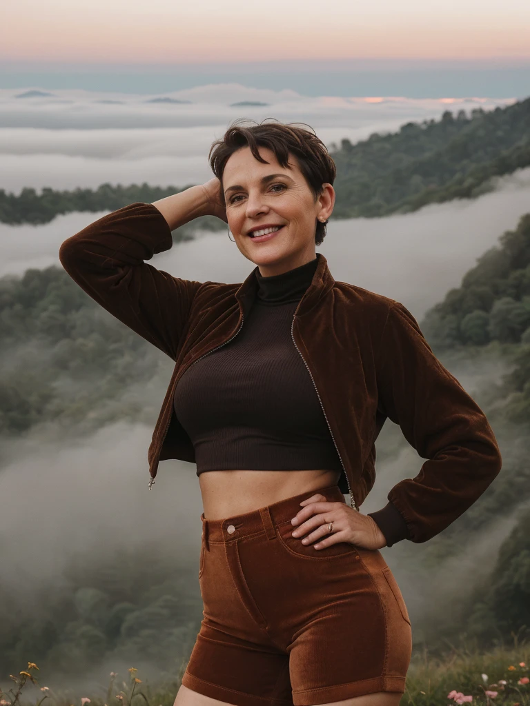 1 girl, photorealistic, realistic, her name is Elise, middle age, a 45-year-old woman with gray hair, body of 45-year-old woman, wrinkles on her face and body, Alpine woman, ((dark brown hair, short hair))), smiling,(((dynamic pose))), nudity, (((The quiet mountains are shrouded in a sea of mist.,Stunning sunrise casting warm hues,Beautiful flowers bloomed in front of us.,The atmosphere is dreamy and peaceful.,Beautiful landscape of Thailand,Harmony between nature and humanity))), (((she choose a cropped corduroy jacket is tailored with a slightly boxy silhouette, featuring a plush texture and a rich color like brown. Its cropped length accentuates the waistline and adds structure to the ensemble. There is no top beneath the jacket, she paired it with color black high-waisted cycling shorts in a sleek, stretchy fabric that conforms to her figure))), (((but out)))